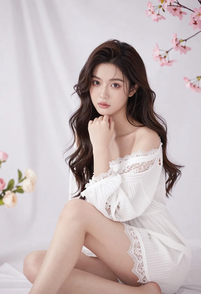 Young Woman With Long Dark Wavy Hair Sits Relaxed Pose reference photo
