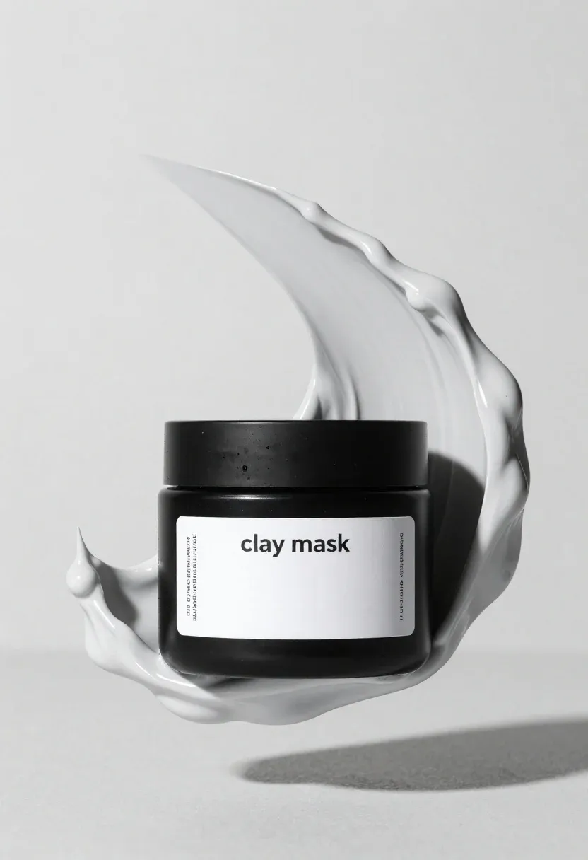 Sleek Black Jar Clay Mask Centered Within Flowing Sculpted Cream