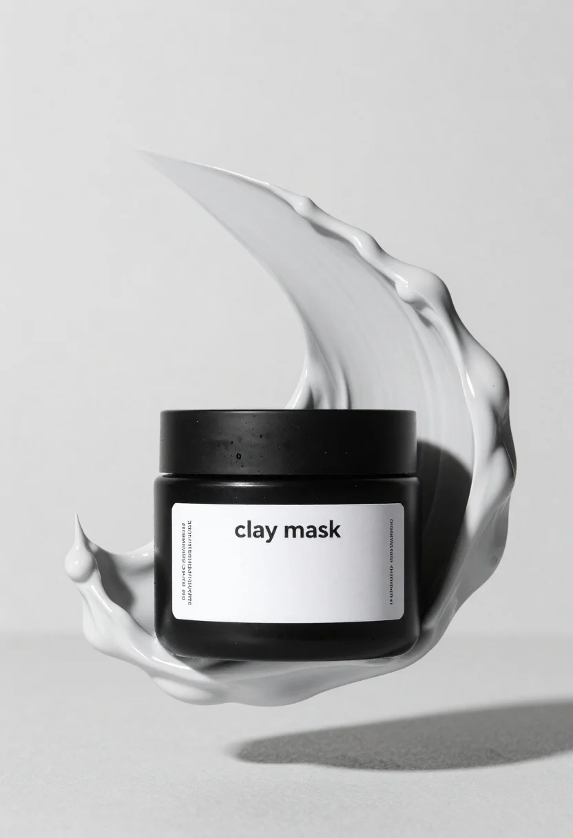 Sleek Black Jar Clay Mask Centered Within Flowing Sculpted Cream reference photo