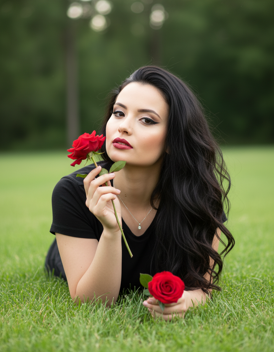 A woman lies on the grass, holding red roses, with a black T-shirt and dramatic makeup, surrounded by a soft green background.