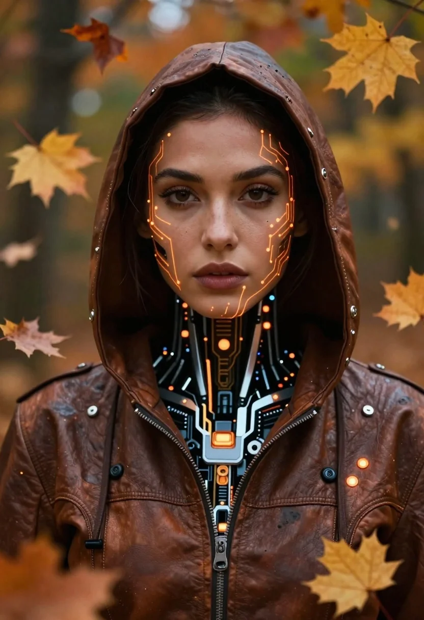 Medium Scene Cinematic Portrait Futuristic Cyborg Figure With Glowing Amber
