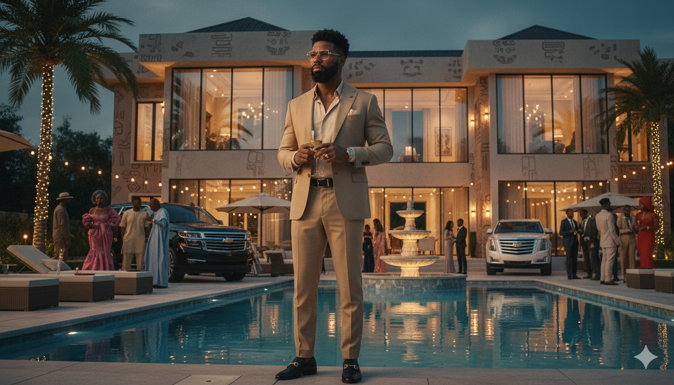 A confident man in a beige suit stands by a luxury villa pool, champagne in hand, illuminated by evening lights and surrounded by palm trees.