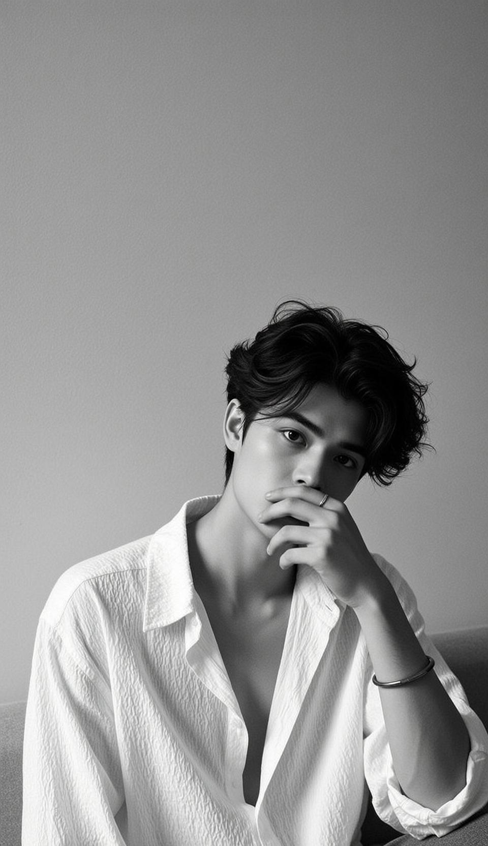 Vertical Black And White Photorealistic Portrait Young East Asian Man