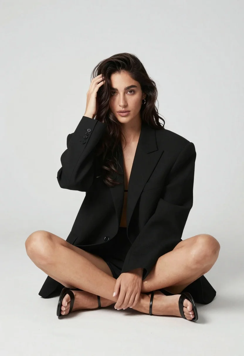 Woman With Long Dark Wavy Hair Sits Cross-legged Seamless Light reference photo