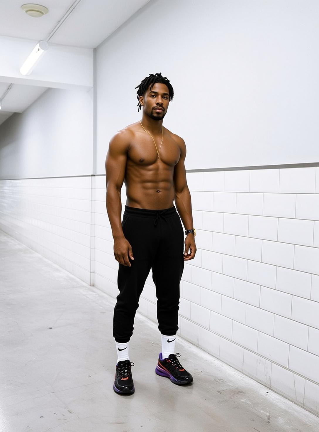 Muscular Black Dreadlocks Dark Brown Sweatpants Gold