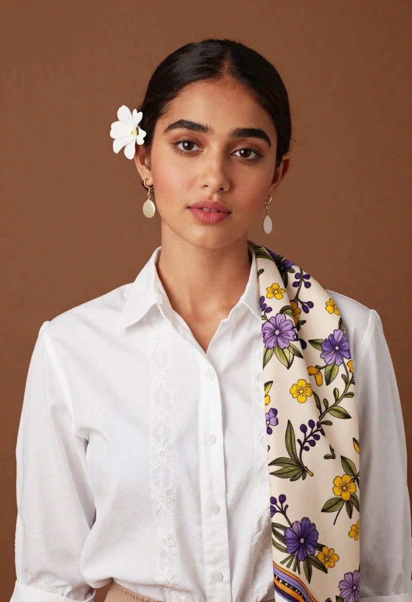 Portrait Young Woman With Dark Hair Pulled Back And Adorned reference photo