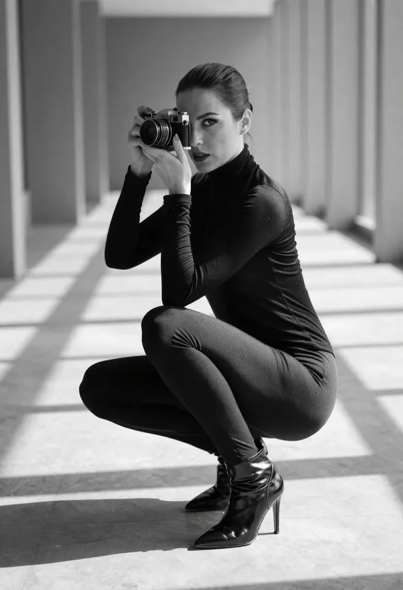 Black-and-white Photograph Woman Crouching Architectural Corridor Defined Linear Shadows And