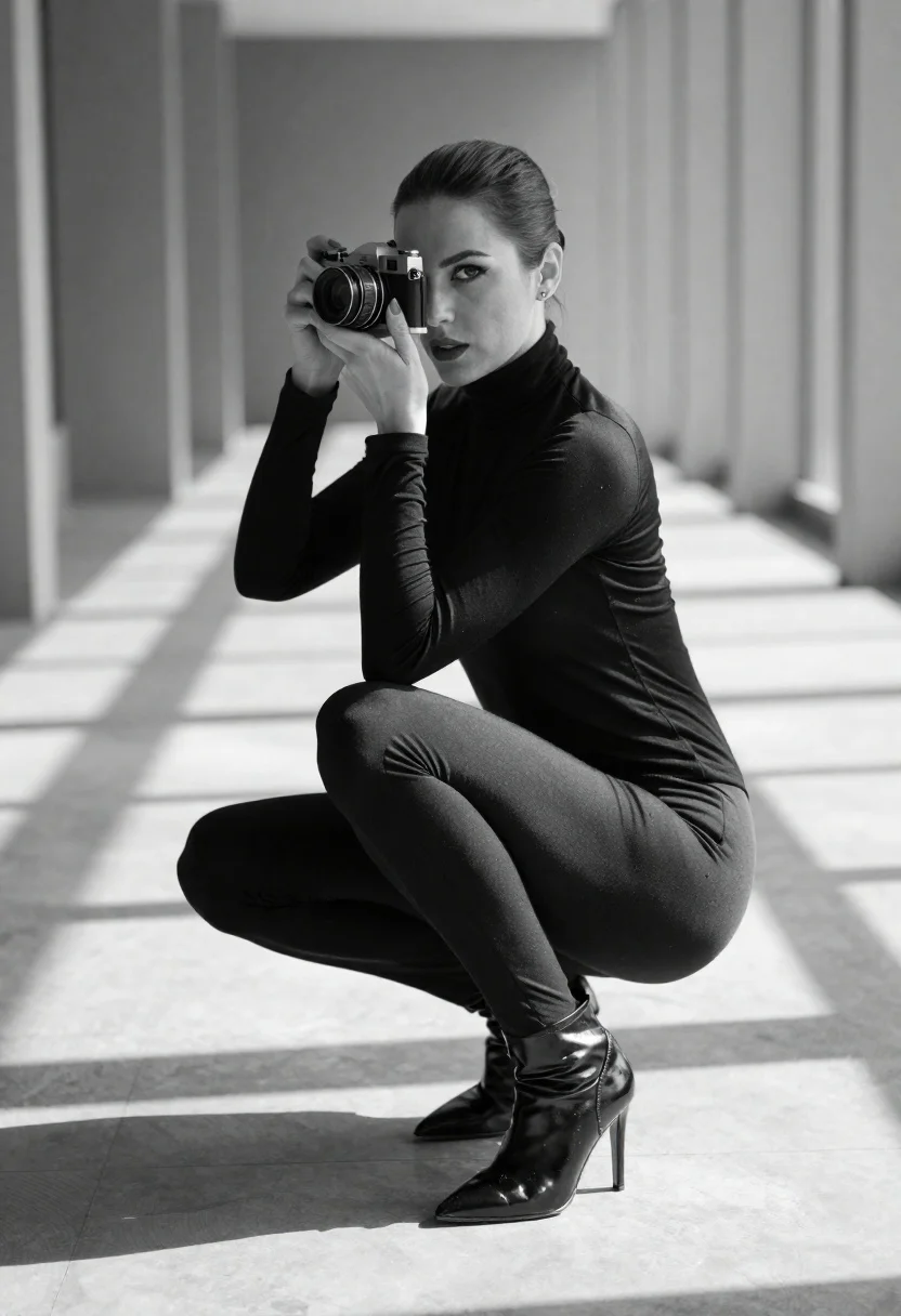 Black-and-white Photograph Woman Crouching Architectural Corridor Defined Linear Shadows And reference photo