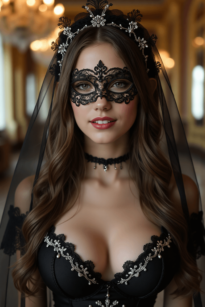 Ornate Black Lace Masquerade Mask Soft Warm Lighting