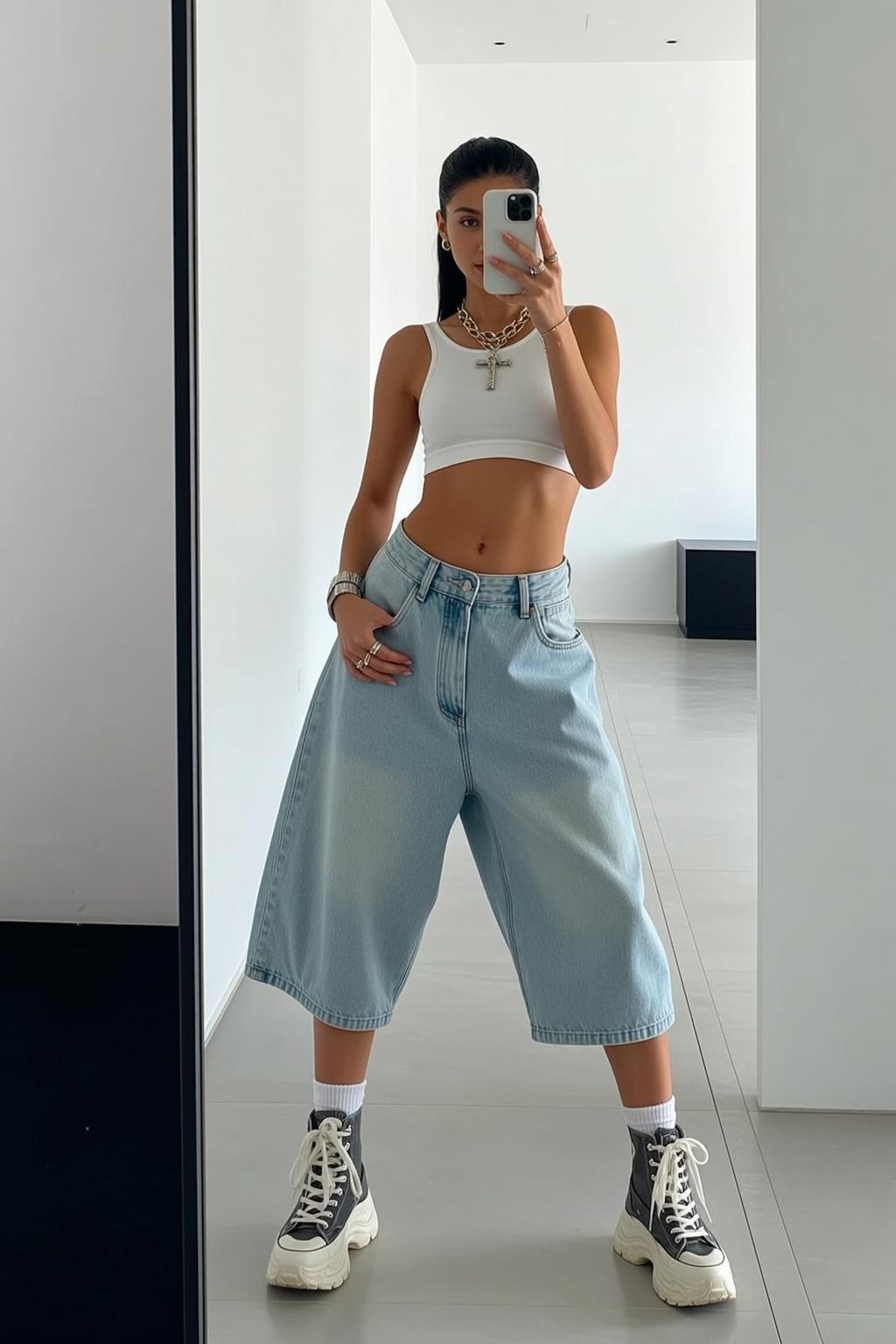 Casual Young Dark Ponytail Light White Crop