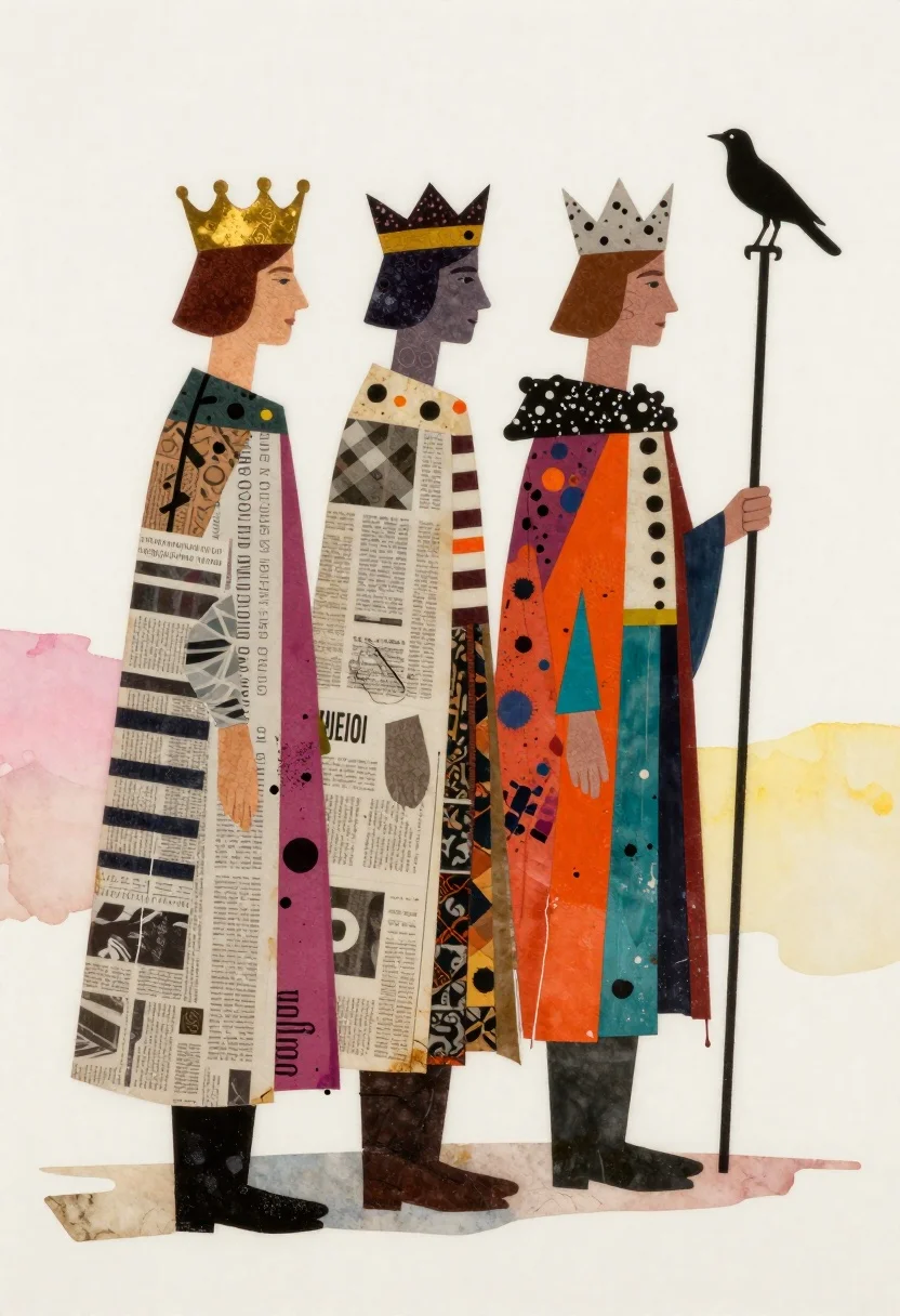 Mixed Media Collage Artwork Featuring Three Stylized Kings Standing Profile reference photo