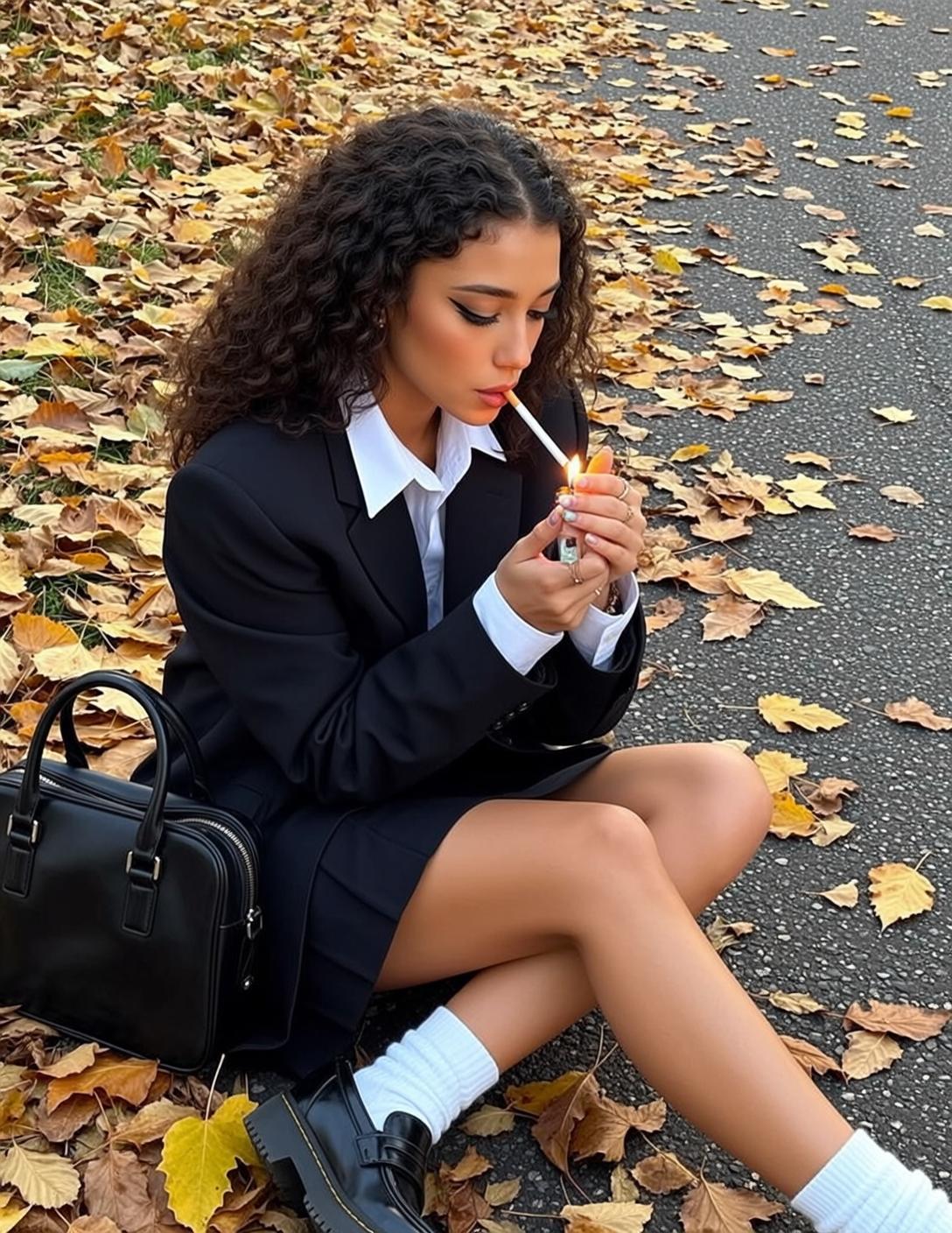 Lighting Cigarette Fallen Leaves Asphalt
