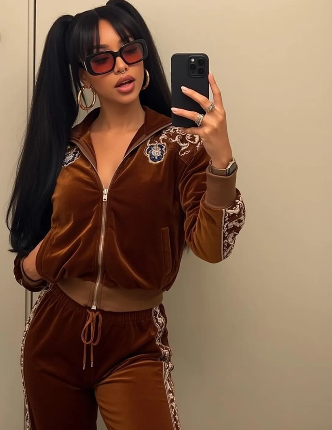 Sunglasses Piercings Earrings Rings And Watch In Casual Selfie