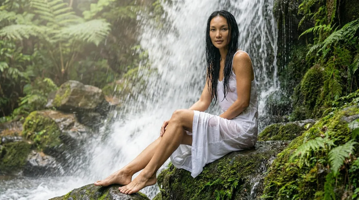 Wet Tank Dress Moss Rock Waterfall Soft Light