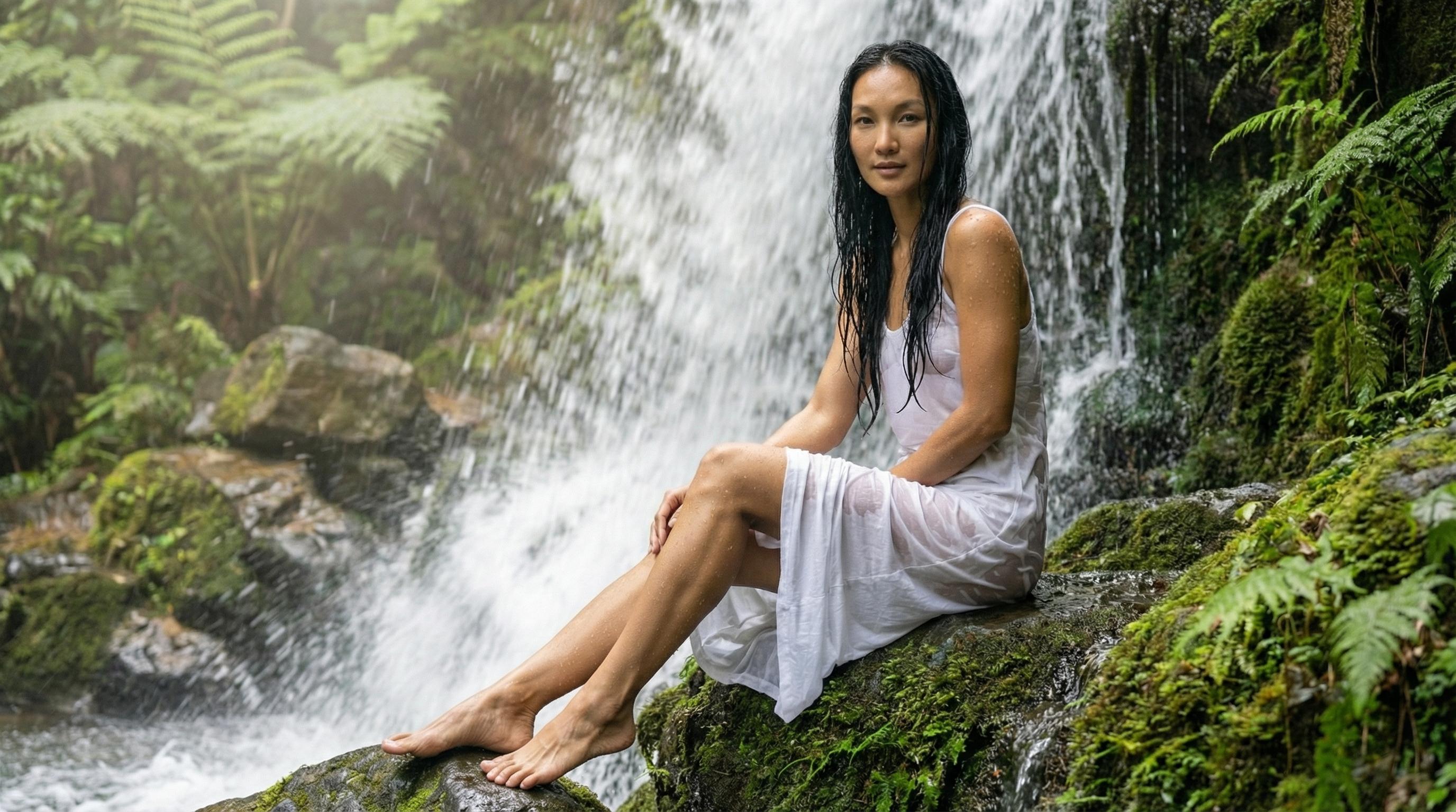Wet Tank Dress Moss Rock Waterfall Soft Light