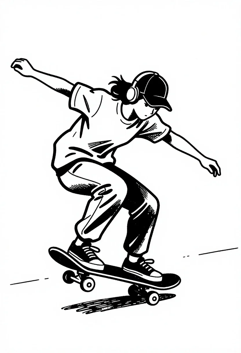 Stylized Black Ink Illustration Skateboarder Motion White Background Subject Figure reference photo