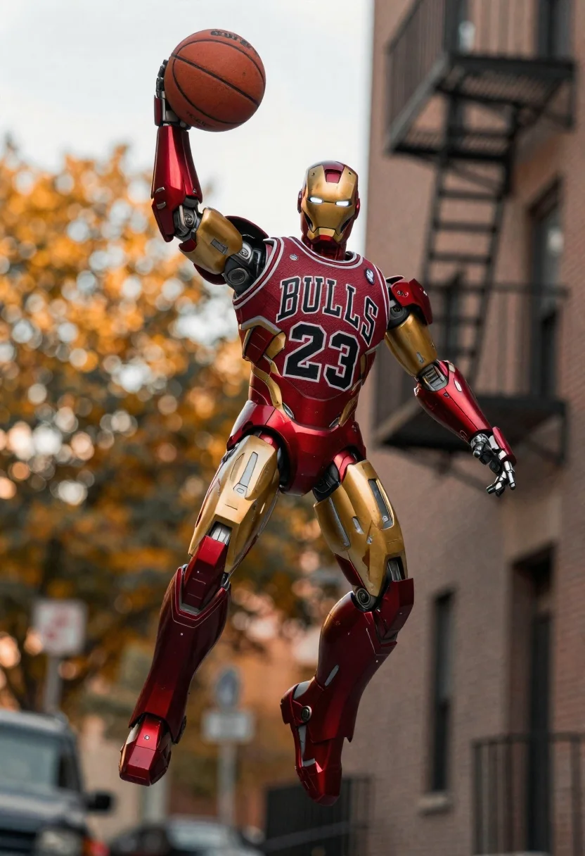 Dynamic Low-angle Action Shot Robotic Figure Resembling Iron Man Mid-air reference photo