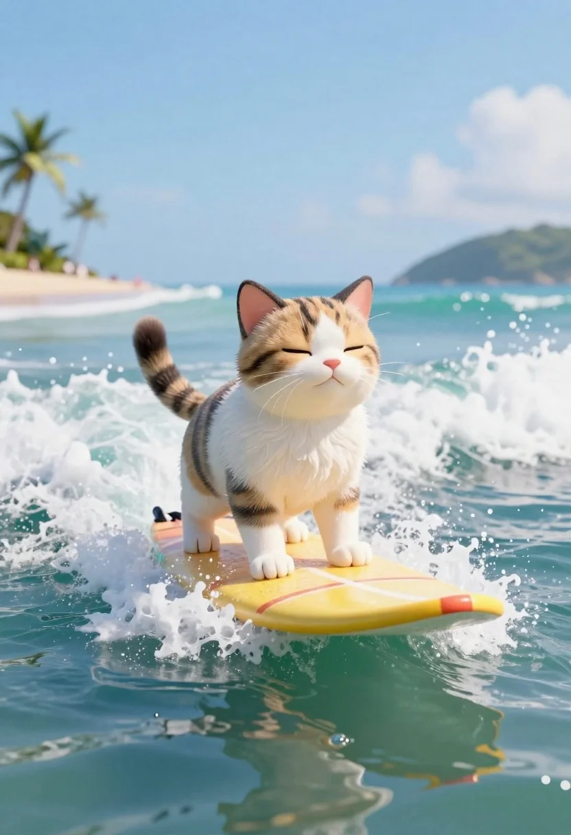 Render Fluffy Tabby And White Cat Confidently Surfing Yellow Board reference photo