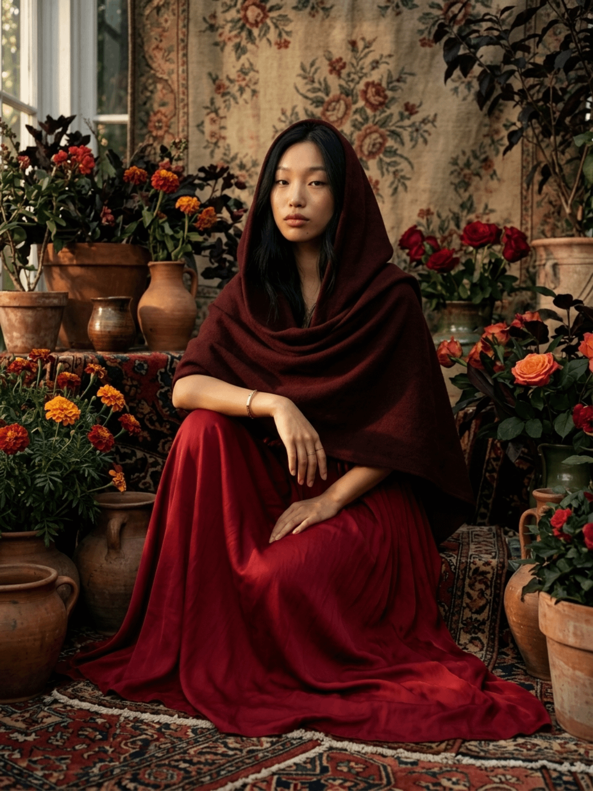 High Fashion Garden Portrait Dense Floral Pottery Staging