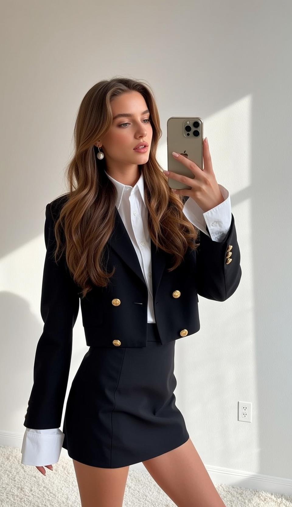 Woman Selfie Black Blazer Gold Buttons