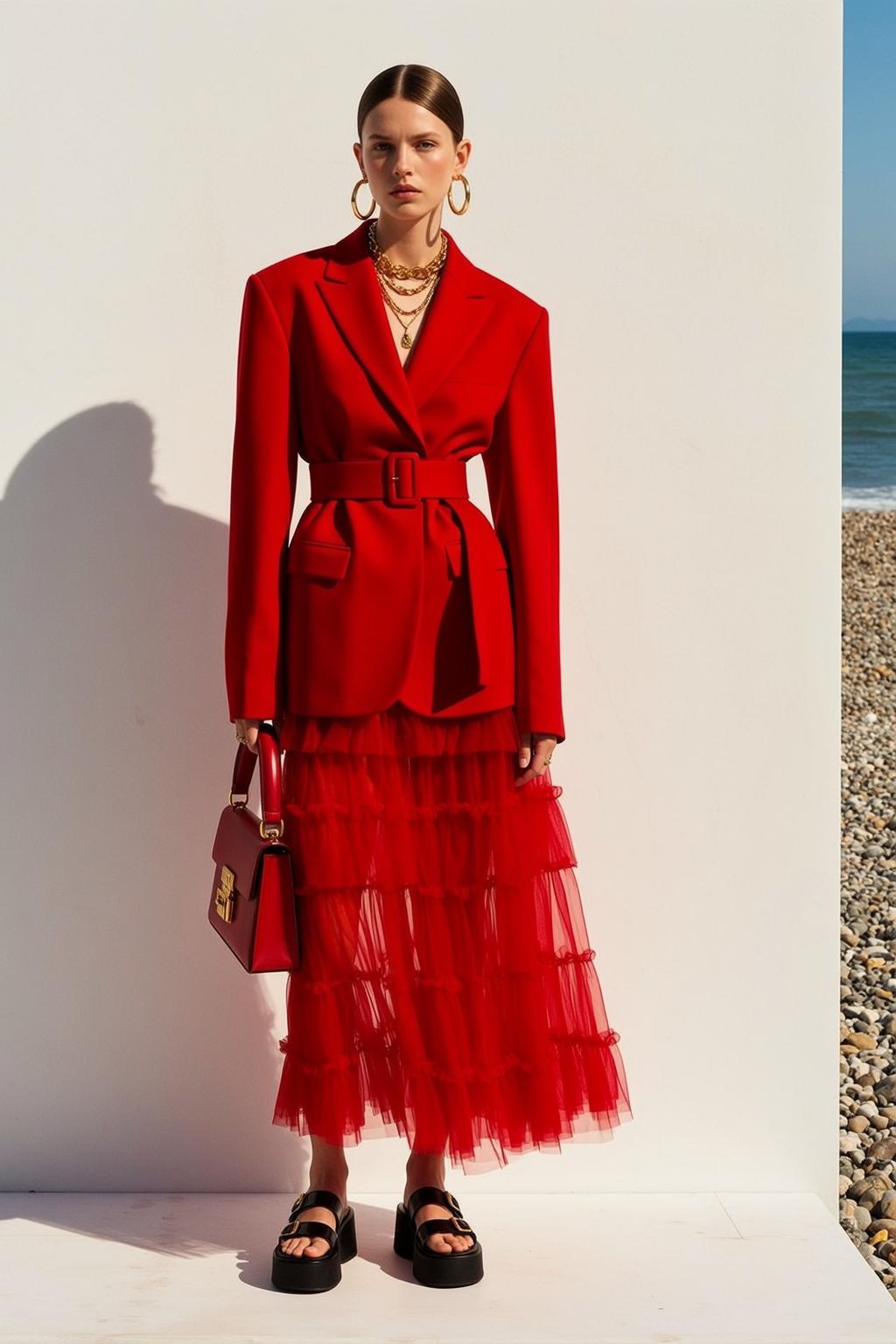 Red Blazer Tulle Skirt Studio Beach Fashion Editorial