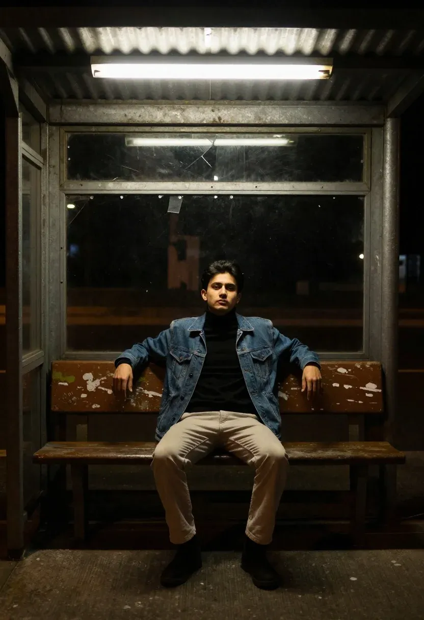 Man Sits Alone Weathered Bench Inside Dimly Lit Bus Shelter
