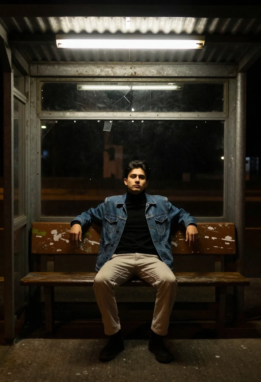 Man Sits Alone Weathered Bench Inside Dimly Lit Bus Shelter