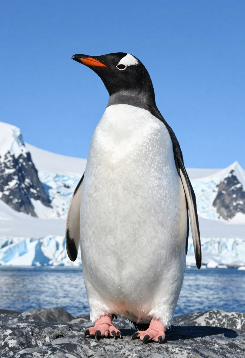 Majestic Gentoo Penguin Stands Upright Dark Rocky Ledge Against Vivid