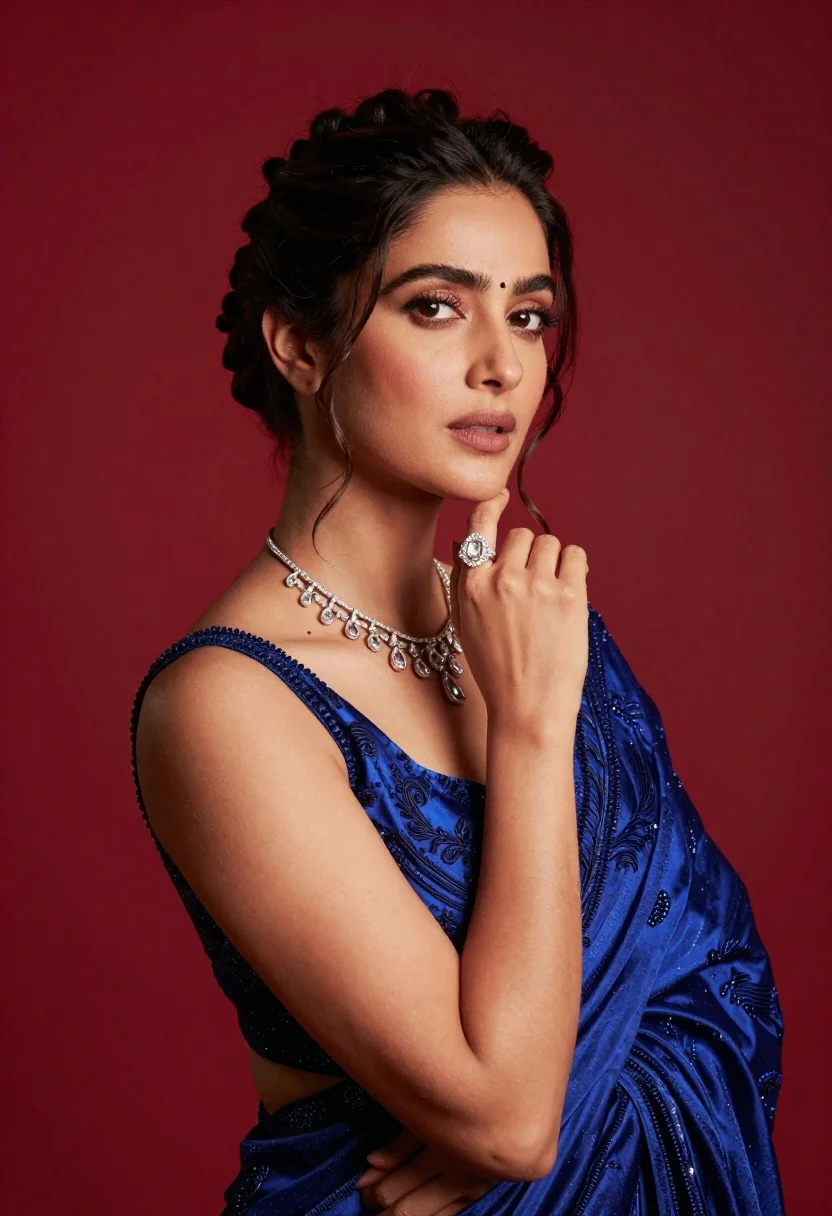 Glamorous Woman Posing Against Solid Deep Red Background Subject Beautiful reference photo