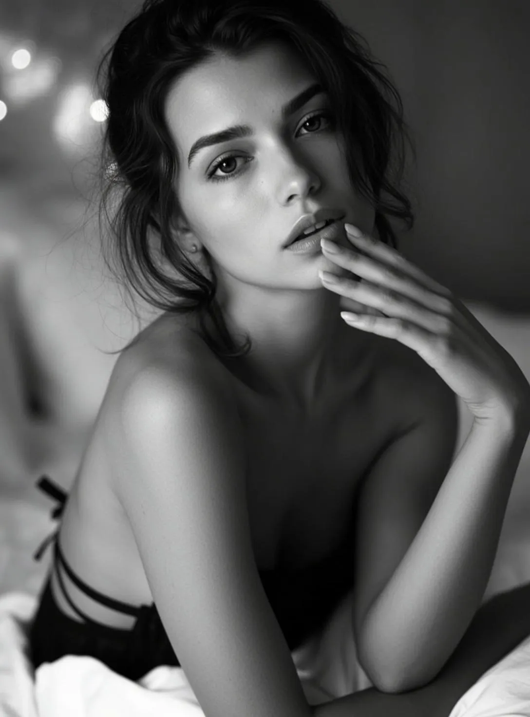 Black And White Medium Shot Portrait Young Woman With Dark