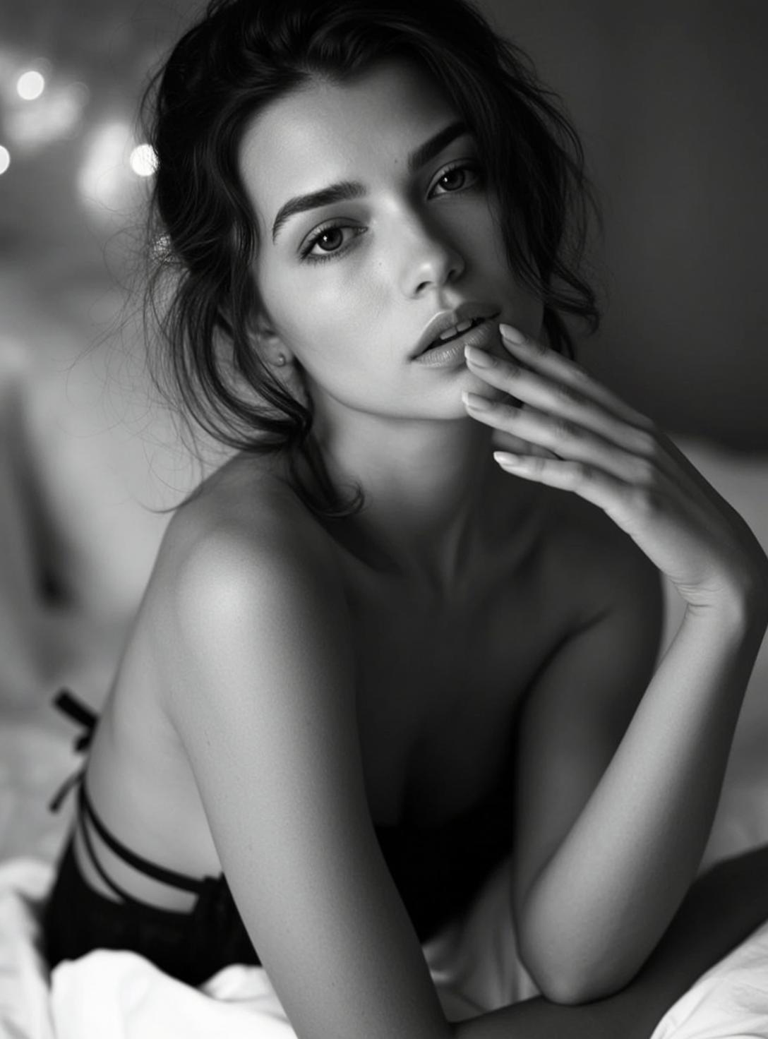 Black And White Medium Shot Portrait Young Woman With Dark