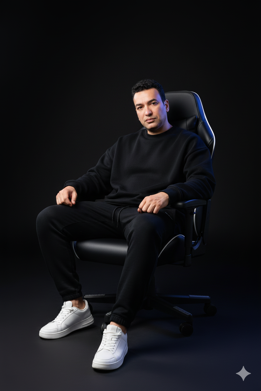 A male model in an oversized black hoodie seated in a black gaming chair, illuminated by soft LED lights in a minimalist studio.