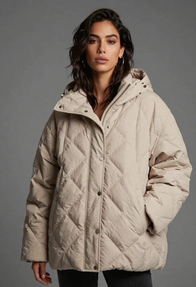 Studio Fashion Portrait Woman Wearing Oversized Beige Diamond-quilted Puffer Jacket