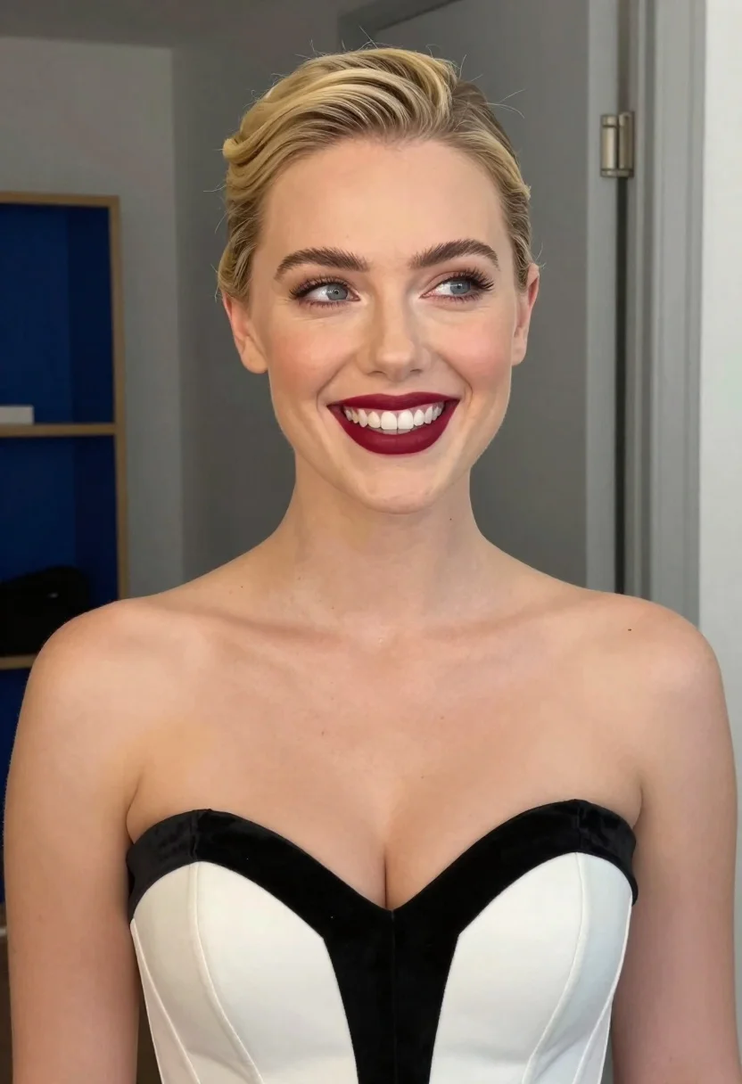 Woman With Blonde Hair Styled Low Bun Smiles While Looking reference photo