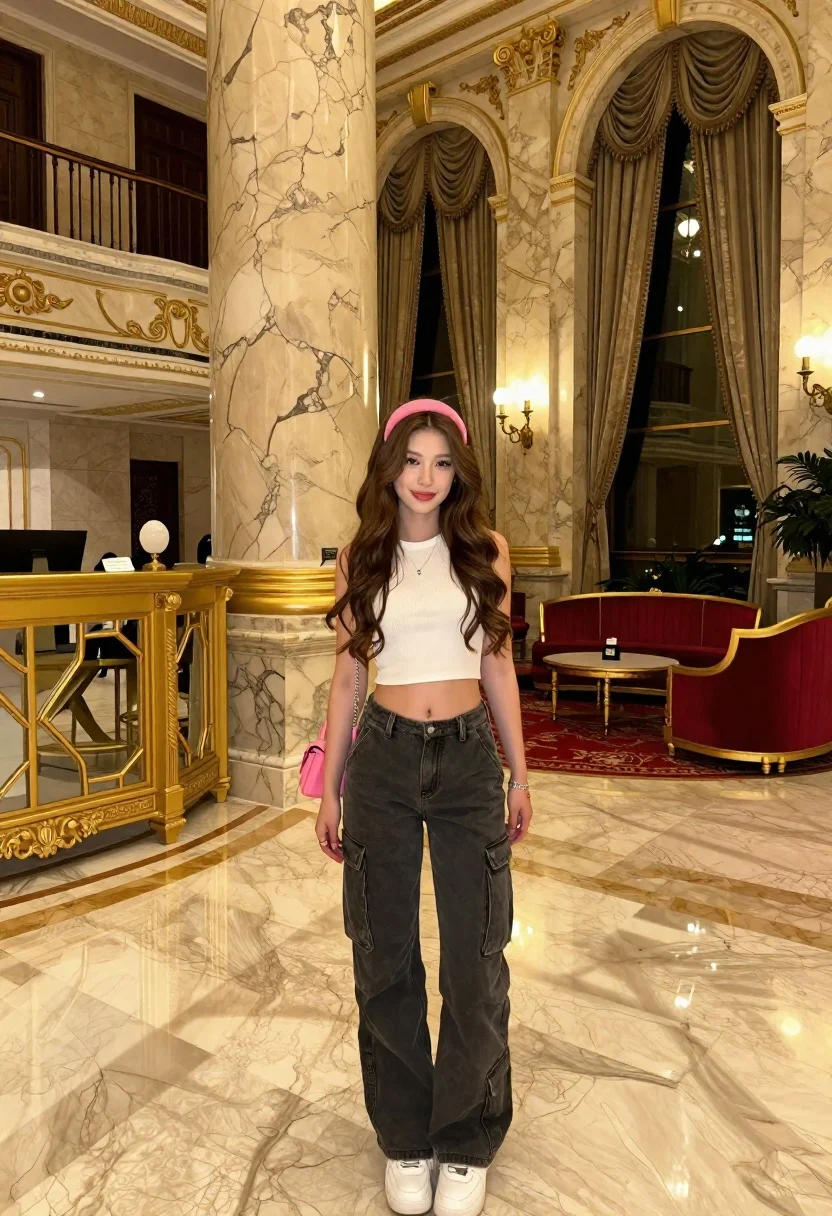 Young Woman With Long Wavy Brown Hair And Pink Headband reference photo