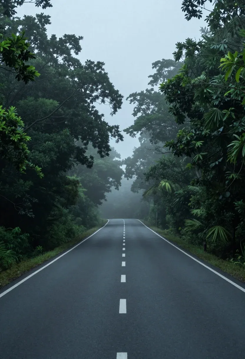 Lonely Asphalt Road Curves Gently Into Dense Misty Forest Under