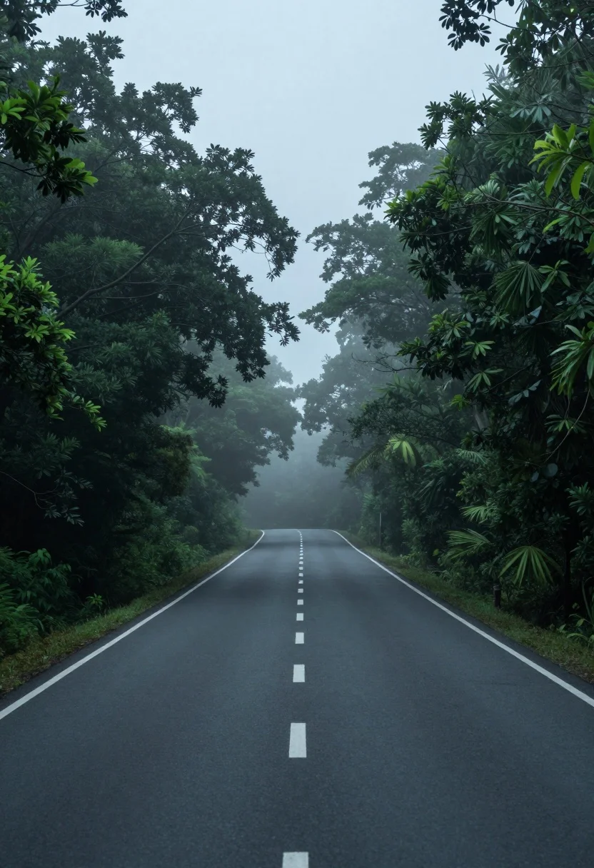 Lonely Asphalt Road Curves Gently Into Dense Misty Forest Under