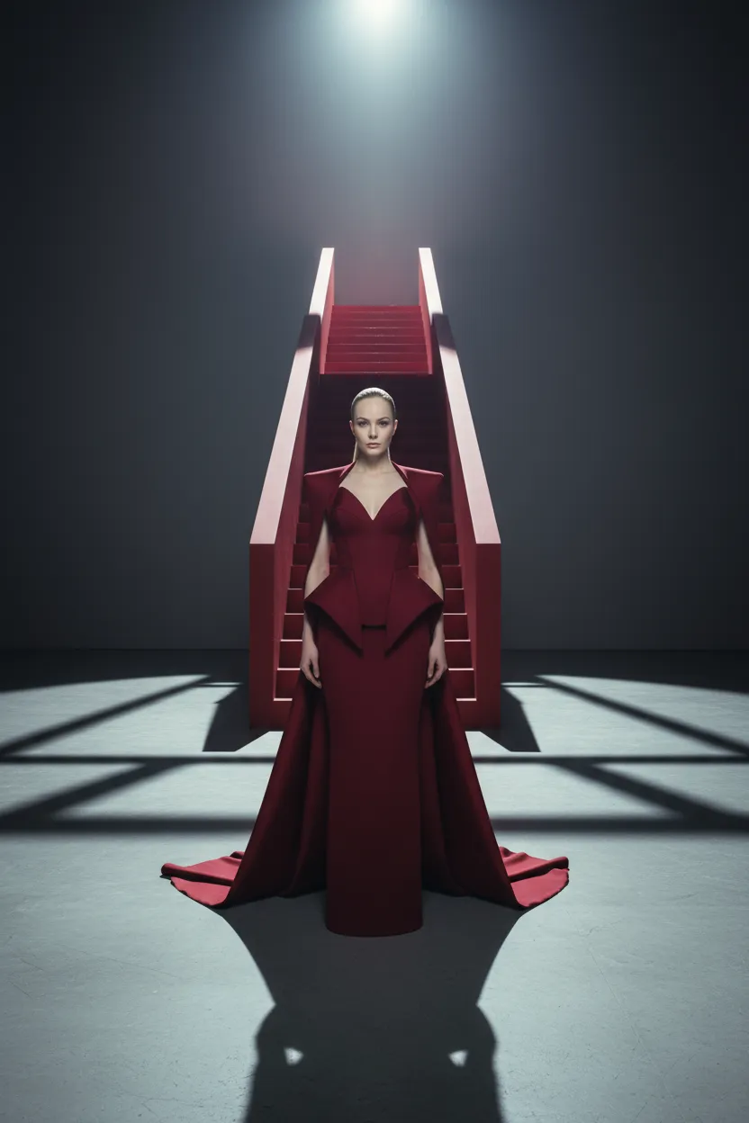 Crimson Dress In Surreal Staircase Arena