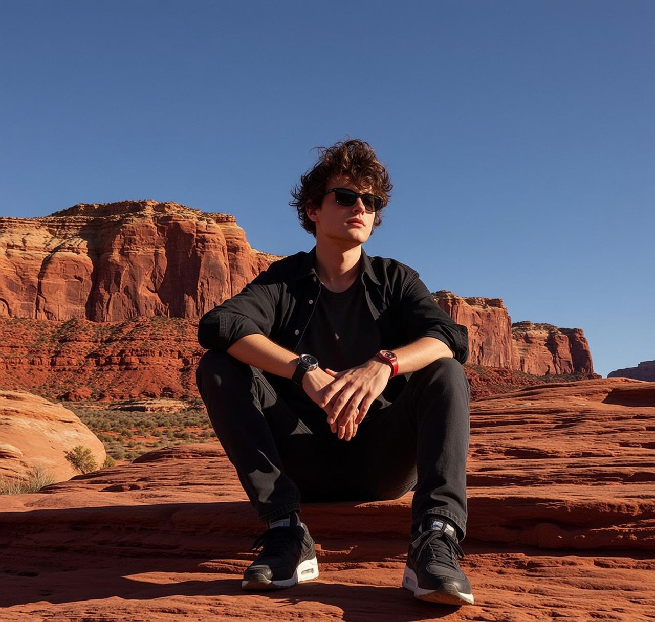 Explore Seated Rocky Red Desert Landscape His