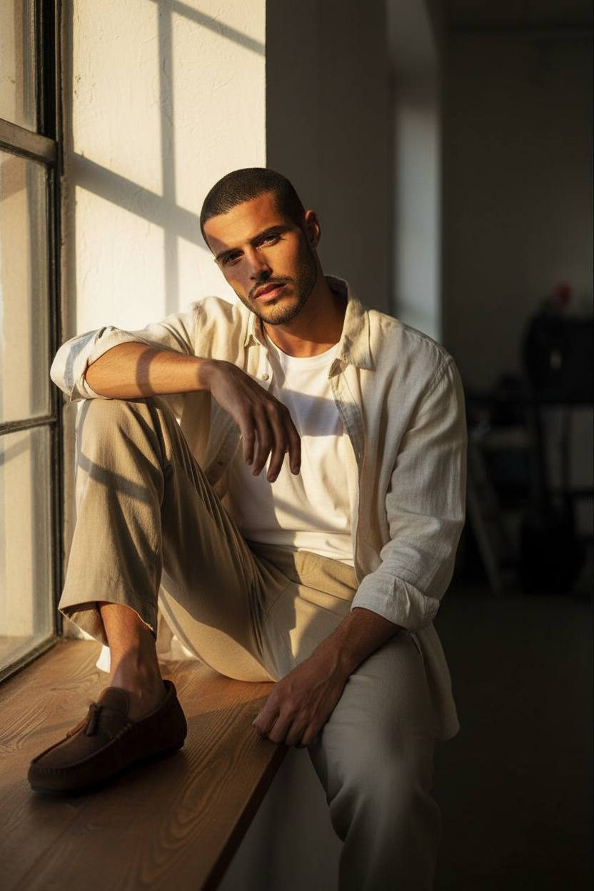 A serene indoor portrait of a person sitting by a window, golden sunlight casting soft shadows.