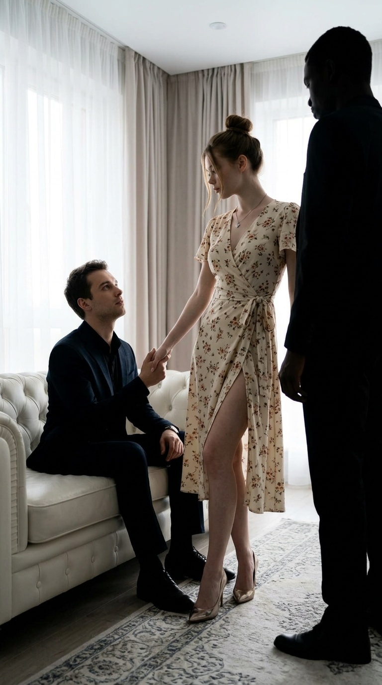 A woman in a floral dress stands between two men in a stylish apartment, exuding tension and drama.