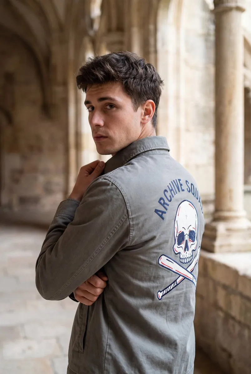 Male Subject Jacket Graphic Architectural Columns
