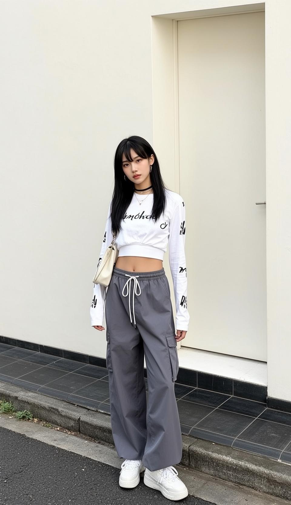 White Crop Top Cargo Pants Street