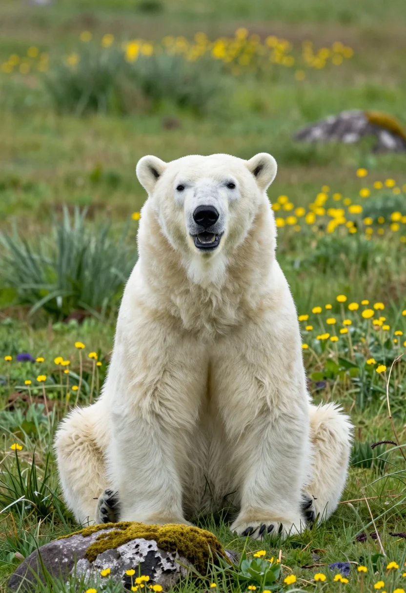 A polar bear sitting upright in a lush green meadow, looking forward with its mouth slightly open.