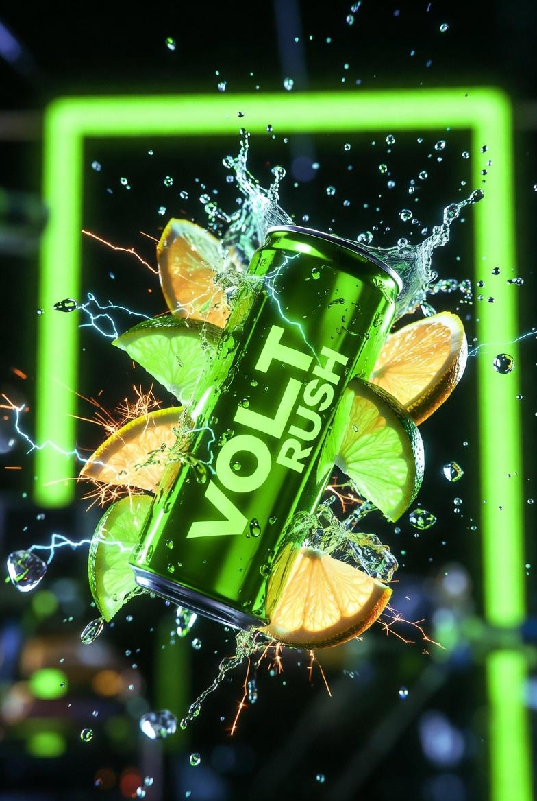 Ultra-cinematic photo of Volt Rush energy drink bursting through citrus slices with electric sparks.