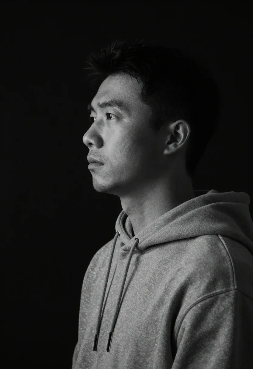 Monochrome Portrait Man Profile Against Deep Black Background Subject Asian
