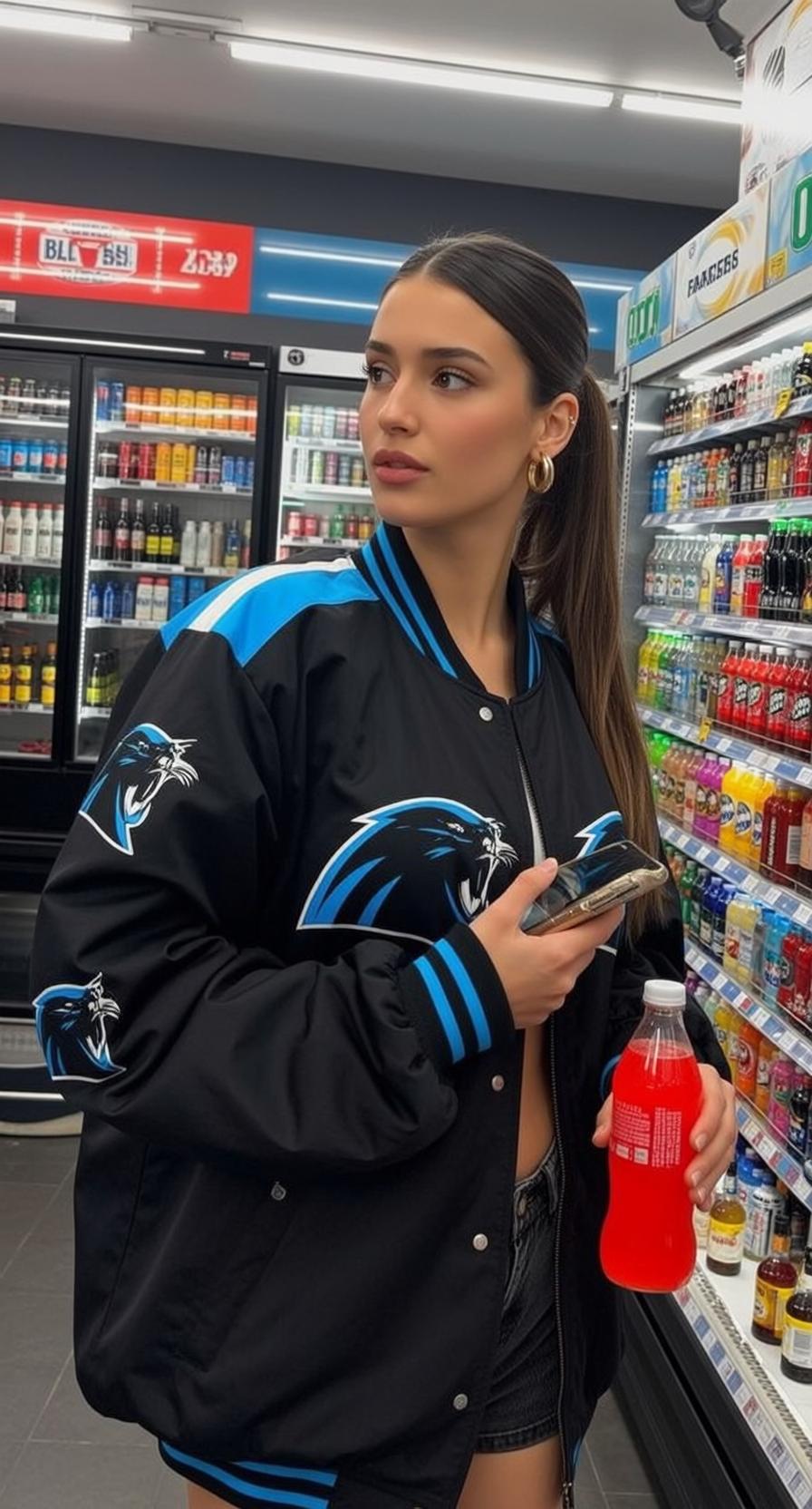 Convenience Store Woman Red Drink Gold Phone