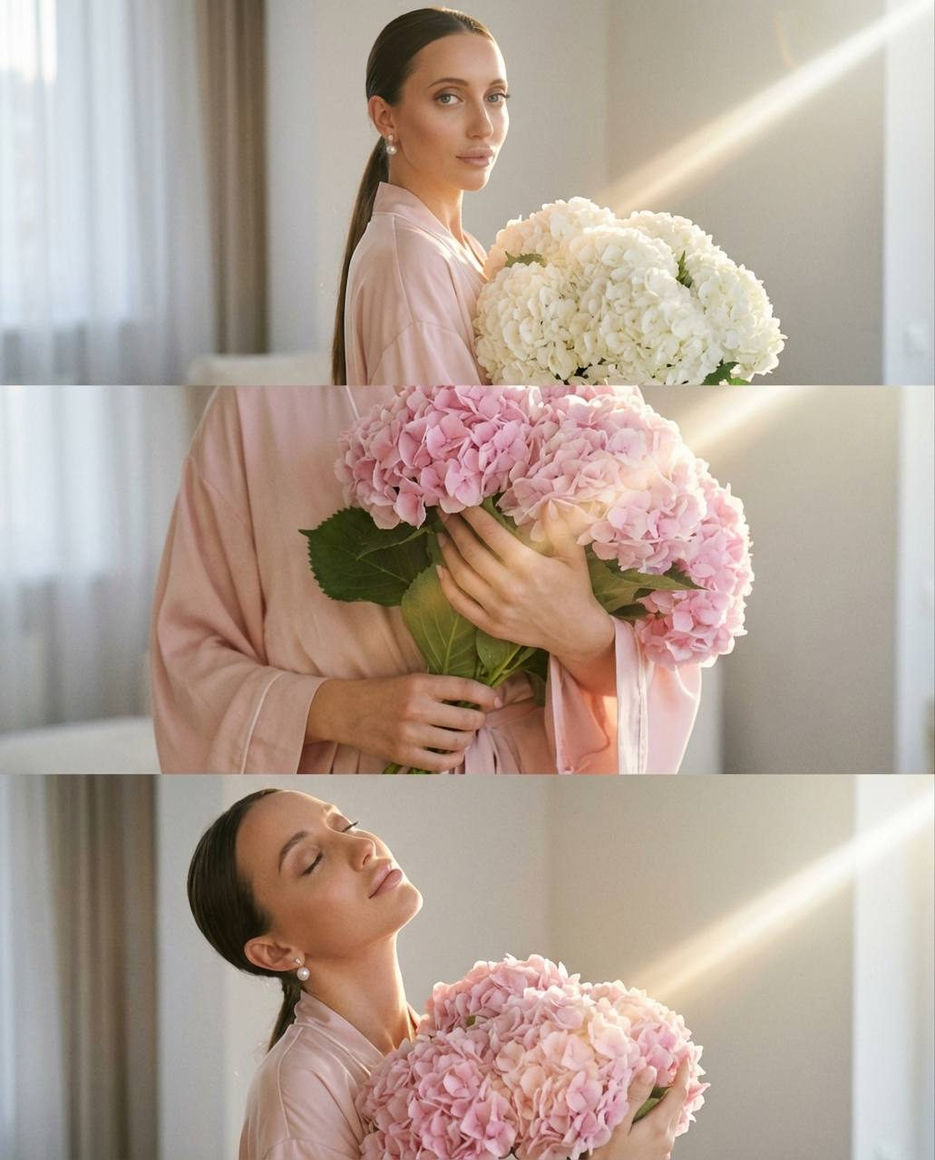 A woman in a soft pink kimono holding a bouquet of hydrangeas during golden hour, with a cinematic effect.
