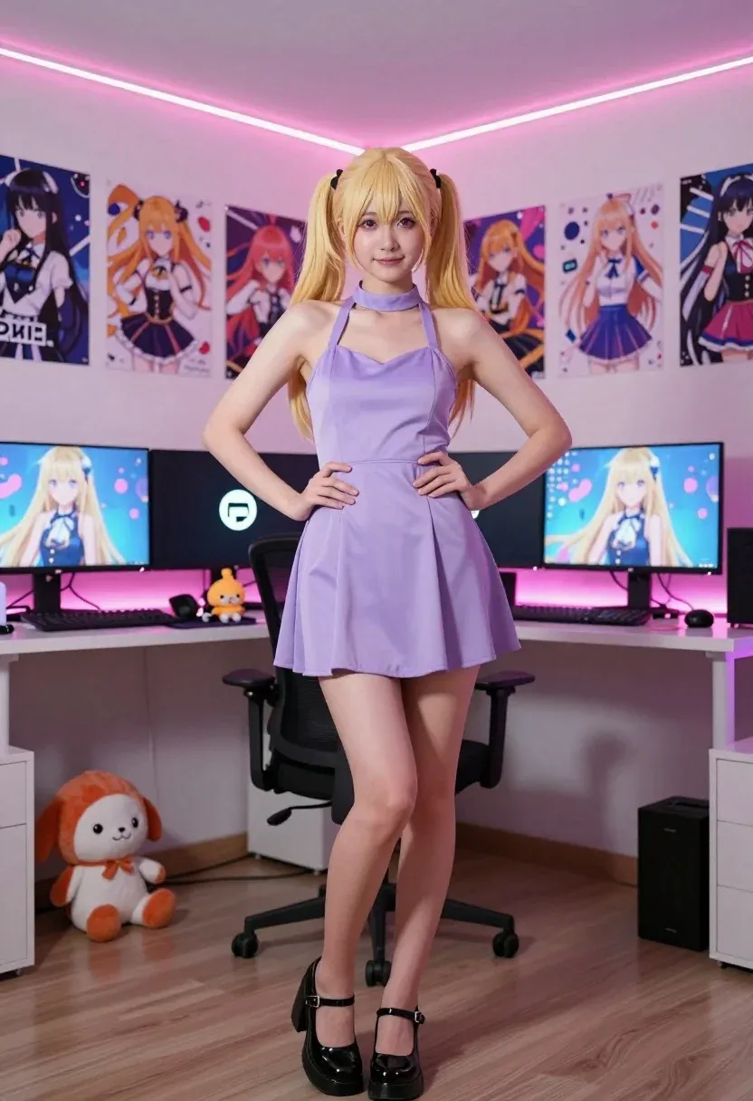 Young Woman With Blonde Hair Styled High Pigtails Stands Confidently