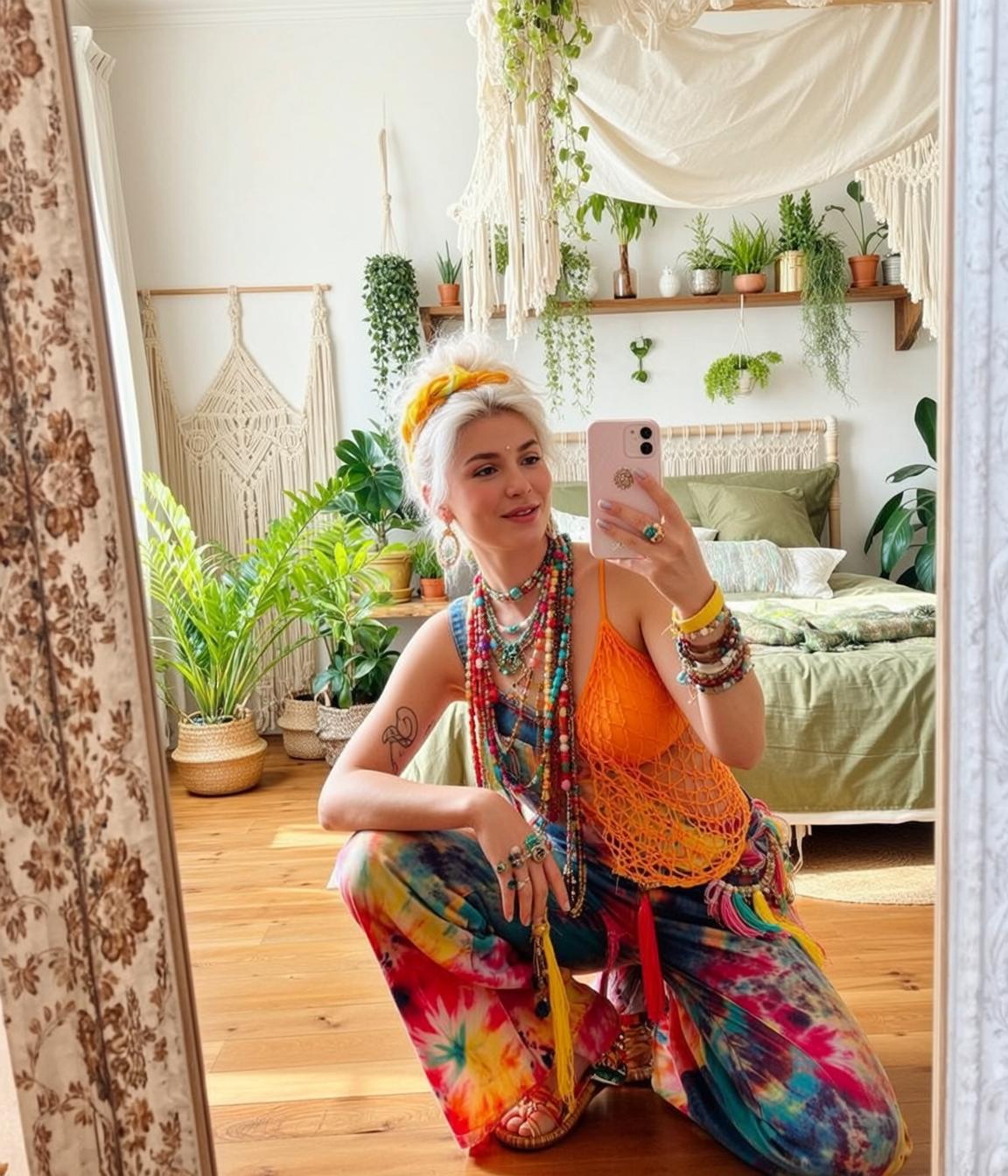 Boho Bedroom Crouch Selfie